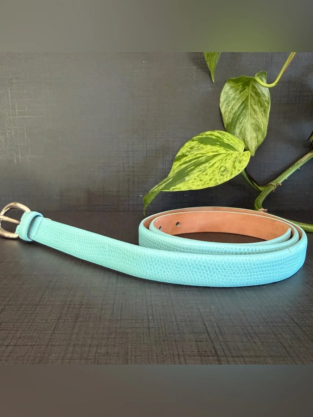 Talbots Vintage Textured Leather Belt Med Aqua Tiffany Blue Silver 90s coastal
